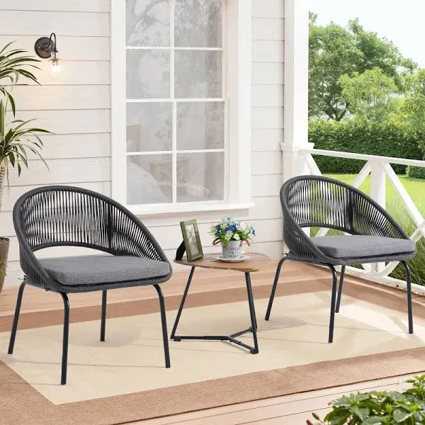 Yangming Patio Furniture Set 3 Piece Outdoor Bistro Chair Conversation Sets Woven Rope with Wood Coffee Table for Yard Backyard Lawn Garden Porch