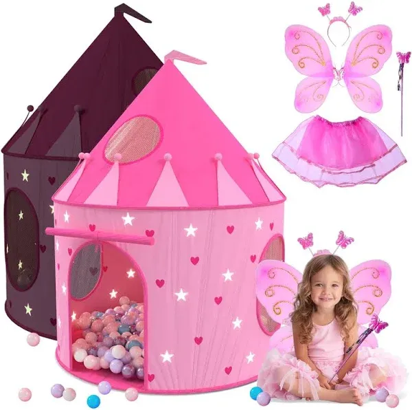 Playz 5-Piece Princess Castle Girls Pop Up Play Tent & Dress Up Costume Bundle - Playhouse Gift for Girls & Toddler for Indoor & Outdoor Use with Pink Fairy Tale Carrying Bag & Glow in The Dark Stars