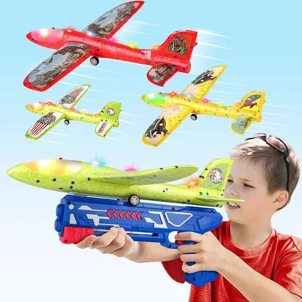 Aiencsai 3 Pack Airplane Launcher Toy 12.6" Foam Glider Led Plane 2 Flight Mode Catapult Plane for Kids Outdoor Sport Flying Toys Gifts for 4 5 6 7