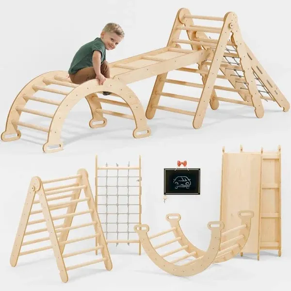 Goodevas 4in1 Montessori Climbing Set Triangle Ladder + Arch/Rocker + Slide Board/Ramp + Net