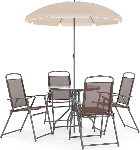 Flash Furniture Nantucket 6-Piece Patio Garden Table Set with Umbrella and 4 Folding Chairs