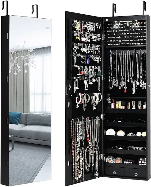 COSTWAY Hanging Jewelry Holder Organizer, Wall Door Mounted Jewelry Armoire with Full Length Mirror & 2 LED Lights, Large Storage Capacity, Lockable Mirror Jewelry Cabinet for Women Girls (Black)