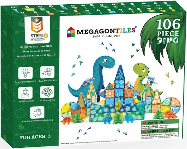 MEGAGONTILES 106 PCS Dinosaur Magnetic Tiles Set | Magnet Building Blocks Din...