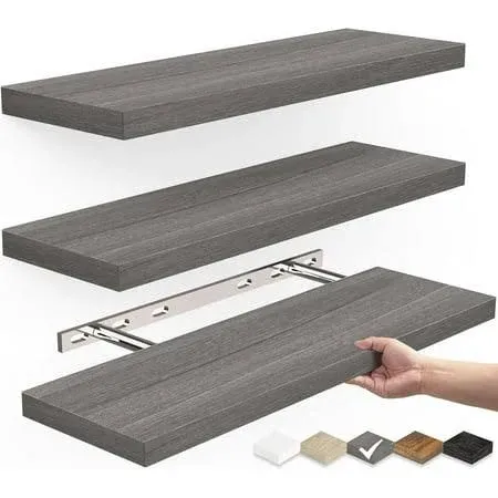  Floating Shelves, Wall Mounted Rustic Wood Shelves for Bathroom, 16inches Grey