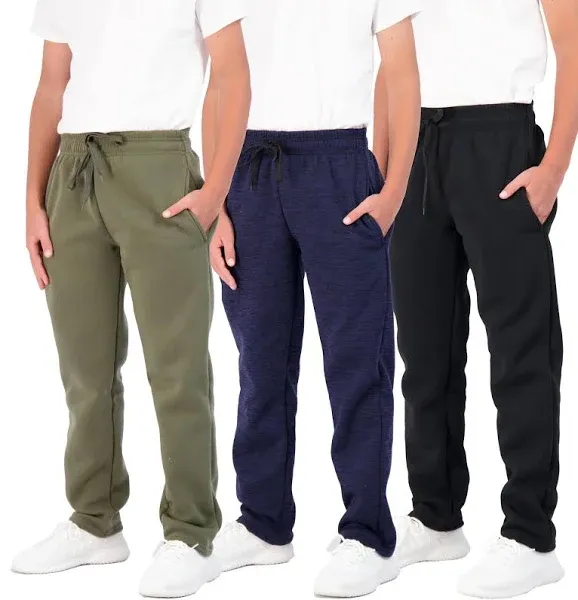 Real Essentials 3 Pack Boys' Tech Fleece Open Bottom Sweatpants with Pockets