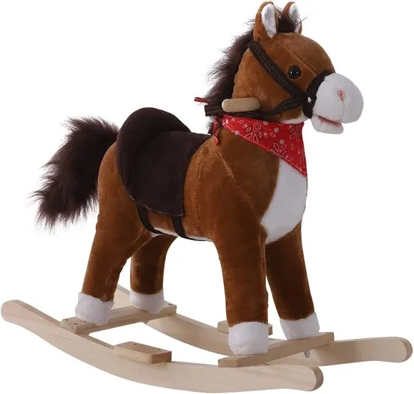 Qaba Kids Ride on Rocking Horse Plush Toy with Realistic Sounds and Red Scarf...