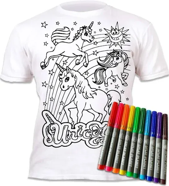 Splat Planet Color in Unicorn T-Shirt with 10 Non-Toxic Washable Magic Pens - Color in and Wash Out and Color in Again T-Shirt (Age 3-4) White