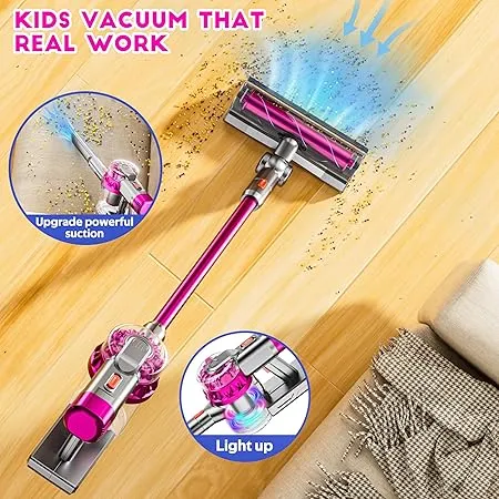 4-in-1 Kids Vacuum That Really Work, Toddler Pretend Play Cleaning Toy Vacuum Set W/Light & Sound, Interactive Toy Cleaner Birthday Idea for 2 3 4 5 6+ Year Girl Boy (Rose Red)