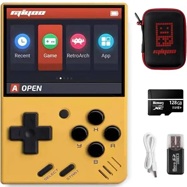 Miyoo Mini V4 Handheld Video Game Console, 2.8 inch IPS Screen Retro Video with 128GB Card & 11000+ Games, Built in Open Source System Portable Retro Game Console (Yellow, 128G)