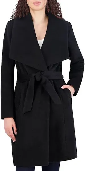 Cole Haan Belted Wool Blend Wrap Coat Black 14