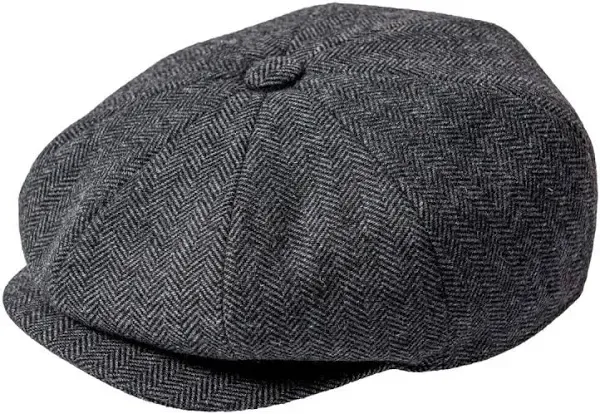 Men Wool Blend 8 Panel Newsboy Cap Tweed Cabbie Hat Snap Brim (Herringbone Gr...