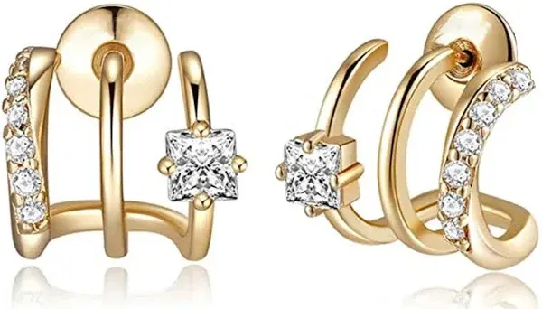 14K Gold Plated Triple Huggie Illusion Stud Earrings