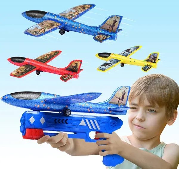 Aiencsai 3 Pack Airplane Launcher Toy 12.6" Foam Glider Led Plane 2 Flight Mode Catapult Plane for Kids Outdoor Sport Flying Toys Gifts for 4 5 6 7