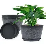 Quarut 10 inch Flower Pots Planters for Outdoor Indoor, 3 Pack Plastic Plant Pots with Drainage Hole & Tray, Modern Decorative Garden Pot with SA