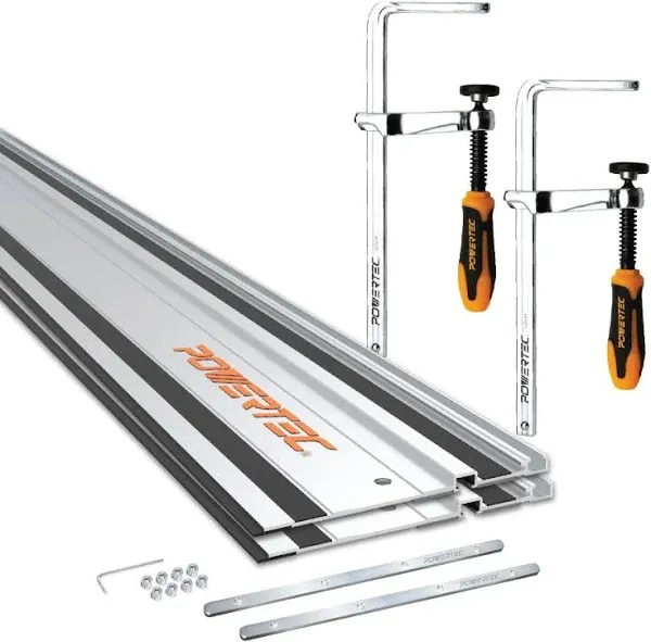 POWERTEC 110" Track Saw Guide Rail Kit for Festool and Makita, Includes 2PK 55" Guide Rails, 2PK Guide Rail Connectors, 2PK Track Saw Clamps (72058)