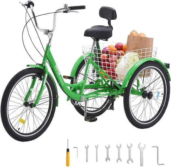 7-Speed 20&#034; Adult Tricycle, 3-Wheel Carbon Steel Cruiser w/ Basket, Green