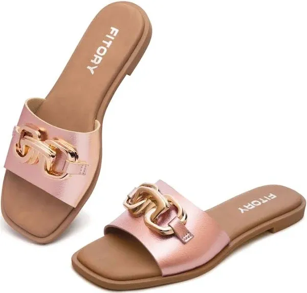 FITORY Women's Flat Sandals Fashion Slides With Soft Leather Slippers for Summer Size 6-11