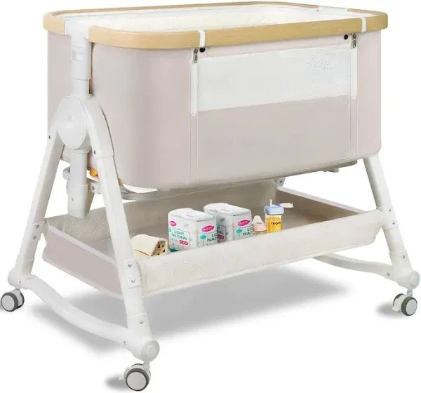 4 in 1 Baby Bassinet, Bassinet Bedside Sleeper with Wheels and Storage Basket, Adjustable 7 Heights Bedside Sleeper with Mosquito Net, Breathable Mesh Rocking Bassinet for Baby/Newborn