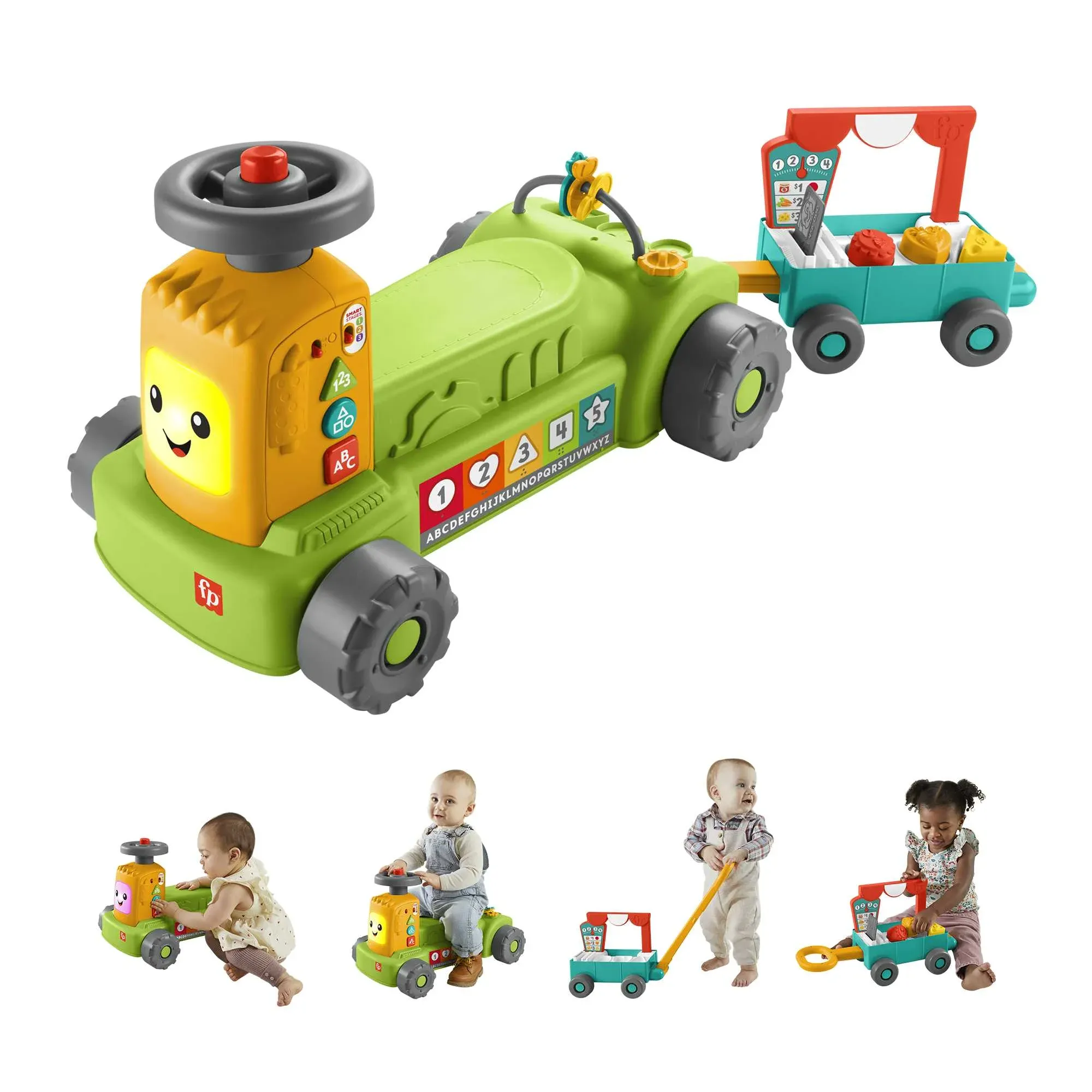 Fisher-Price Laugh & Learn 4-in-1 Farm to Market Tractor Ride-On Learning Toy for Baby & Toddlers