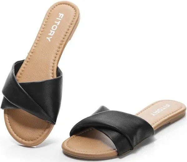 FITORY Women's Leather Flat Sandals