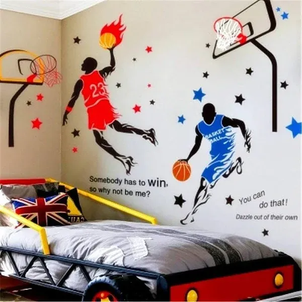 (Blue2+red) - KELAI & Craft Art Decor Sports Wall Decal Inspiration Fashion Basketball Wall Sticker DIY 3D Basketball Player Wall Decals for Boys