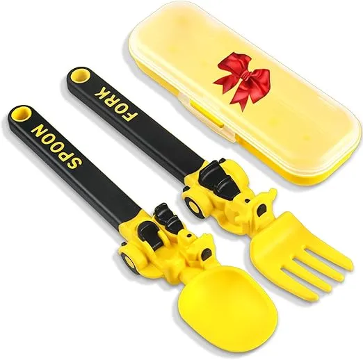 Construction Utensils for Toddlers - Toddler Forks and Spoons - Toddler Spoon and Fork Set - for Kids Utensils - Baby Utensils - Portable Utensil Set for 1 2 3 4 5 years old - Yellow