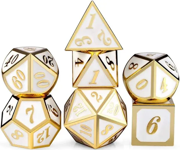 DnDnD White with Gold Number DND Dice Sets,Solid Metal Die with Free Gorgeous Metal Tin for Dungeons and Dragons D&D Role Playing Game Tabletop Games