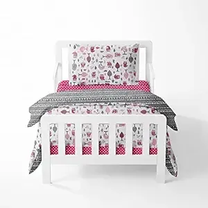 Bacati Owls Girls Cotton 4 Pc Toddler Bedding Set, Pink/Grey