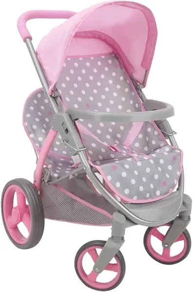 Cotton Candy Pink Twin Tandem Doll Stroller in Grey Polka Dots Fits 2 Dolls 18&#034;