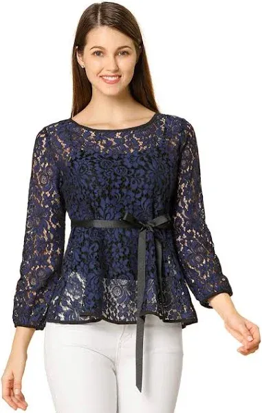 Allegra K Women's Elegant Tie Waist Long Sleeve Top Lace Peplum Blouses