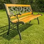 Dkeli 50" Metal Garden Bench - Sturdy Cast Iron & Hardwood Outdoor Seating for Park, Patio, and Yard