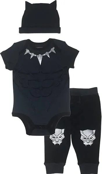 Marvel Avengers Black Panther Baby Cosplay Bodysuit Pants and Hat 3 Piece Outfit Set Baby to Baby