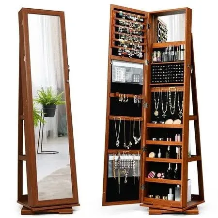 Costway 360° Rotatable Jewelry Cabinet Armoire 2-in-1 Lockable Mirrored