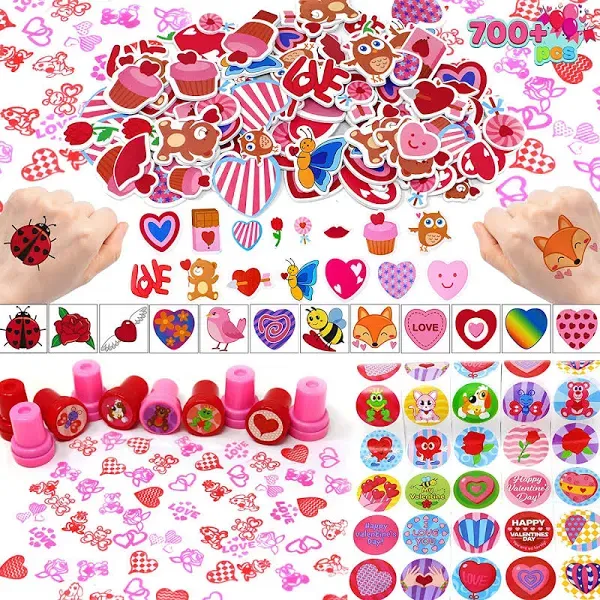 JOYIN 700+ Pcs Valentines Day Party Favor Supplies Craft Set, Foam Stickers for Kid, Tattoos, Stampers & Stickers for Decorations, Photo Props, School Classroom Holiday Exchange Game Prizes, Art Craft