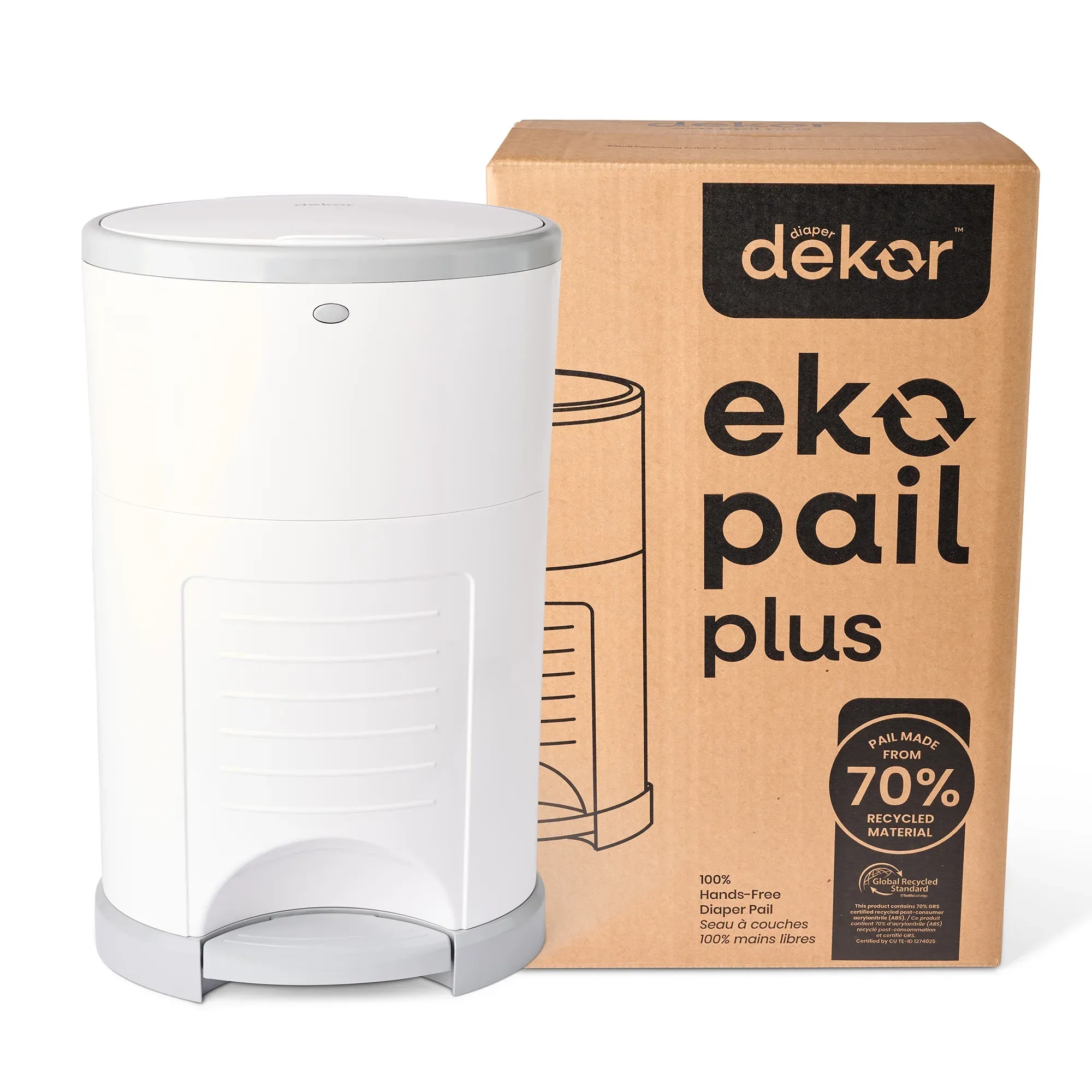 Dekor Eko Plus Diaper Pail Made with 70% Recycled Materials, Hands-Free: Step–Drop–Done | Cost-Effective Refill System | Great Cloth Diaper Pail, White