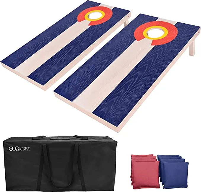 GoSports Flag Series Wood Cornhole Sets – Choose American Flag or State Flags – Includes Two Regulation Size 4 ft x 2 ft Boards, 8 Bean Bags, Carrying Case and Rules