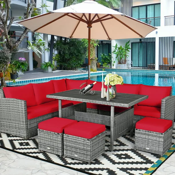 7-Piece Patio Rattan Dining Set Sectional Sofa Couch Ottoman Garden Gray