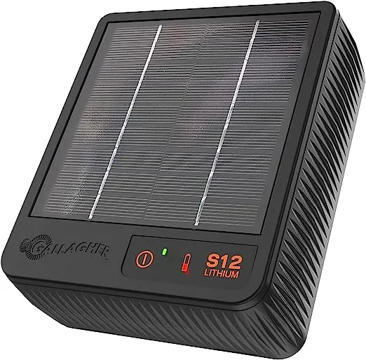 Gallagher S12 Solar Electric Fence Charger | Powers Up to 4 Miles / 18 Acres of Fence | Solar Lithium Technology, 0.12 Stored Joule Energizer | Built-in Earthing | Portable and Super Tough