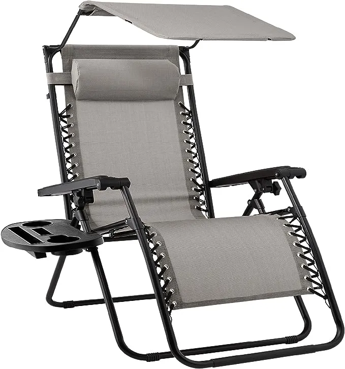 Best Choice Products Folding Zero Gravity Recliner Patio Lounge Chair w/ Canopy Shade, Headrest, Side Tray - Black