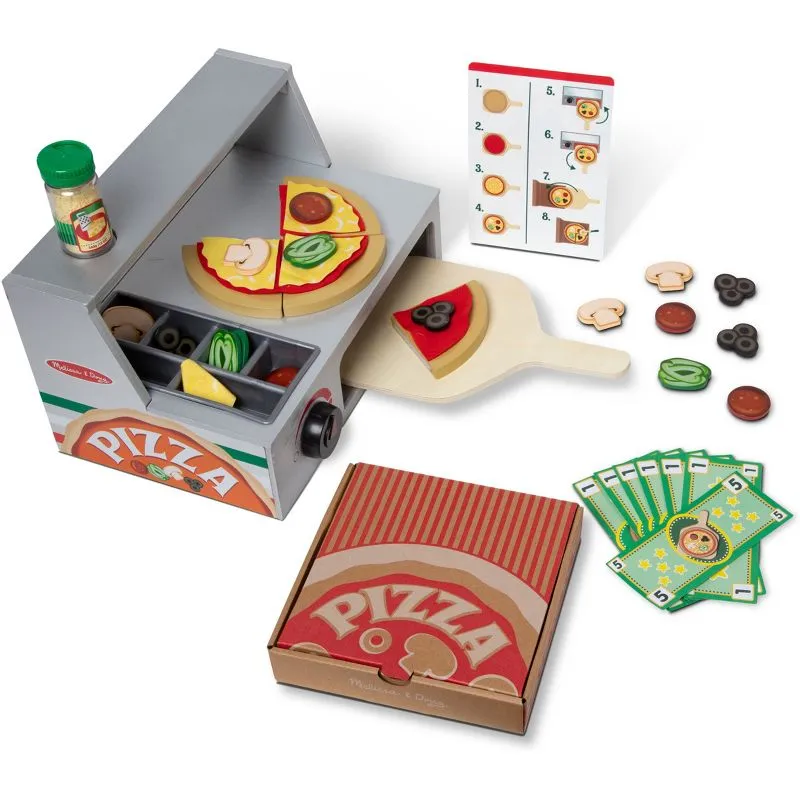 Melissa & Doug Top & Bake Wooden Pizza Counter Play Set (41 Pcs) - Pizza Toy Wooden Play Food Set, Pretend Pizza Sets For Kids Ages 3+