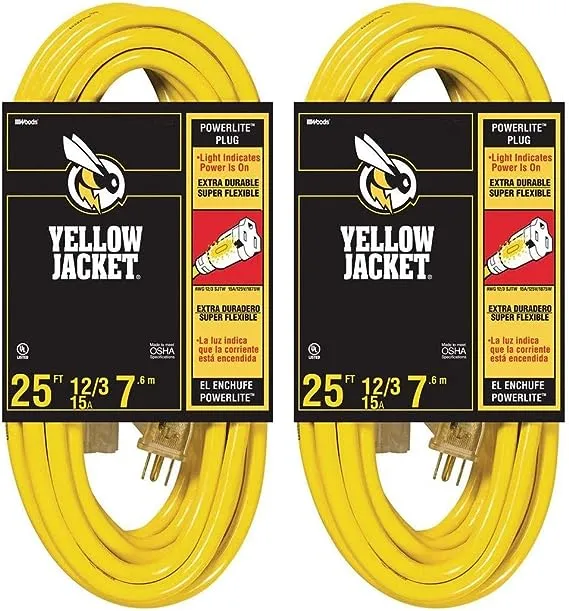 2-Pack - Yellow Jacket 12/3 Heavy-Duty 15-Amp SJTW Contractor Extension Cord with Lighted Ends, 25-Feet, Size: 25 ft 2-Pack 2885