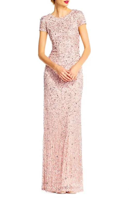 Adrianna Papell Sequined Cap Sleeve Gown - Pink