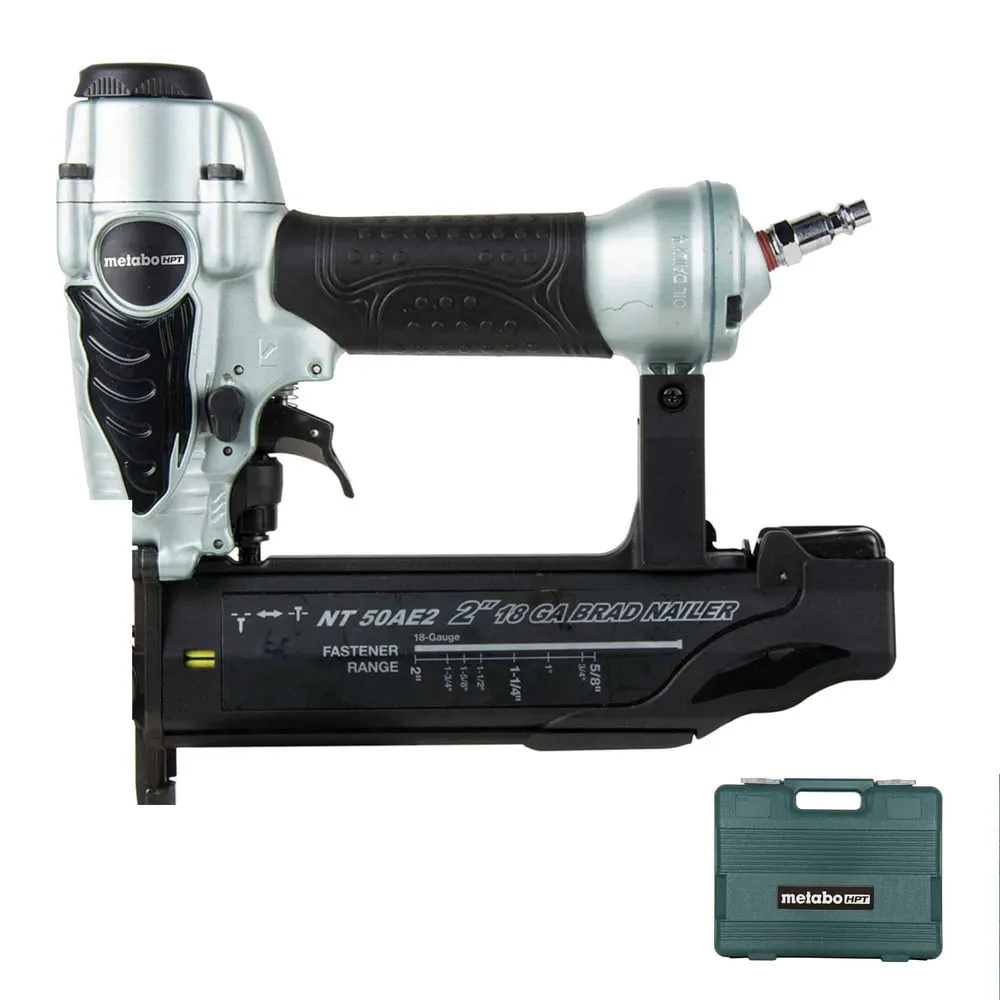 Metabo HPT Brad Nailer Kit | Pro Preferred Brand of Pneumatic Nailers | 18 Gauge | Accepts 5/8 to 2-Inch Brad Nails | Ideal for Trim Work, Furniture Building & Other Finish Applications | NT50AE2