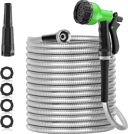 SPECILITE 100ft 304 Stainless Steel Garden Hose Metal, Heavy Duty Water Hoses with Nozzles for Yard, Outdoor - Flexible, Never Kink & Tangle, Puncture ResistantSPECILITE 100ft 304 Stainless Steel Garden Hose Metal, He…