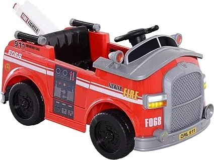 Aosom 6V Electric Ride-On Fire Truck Vehicle for Kids with Remote Control, Music, Lights, and Ladder, Red