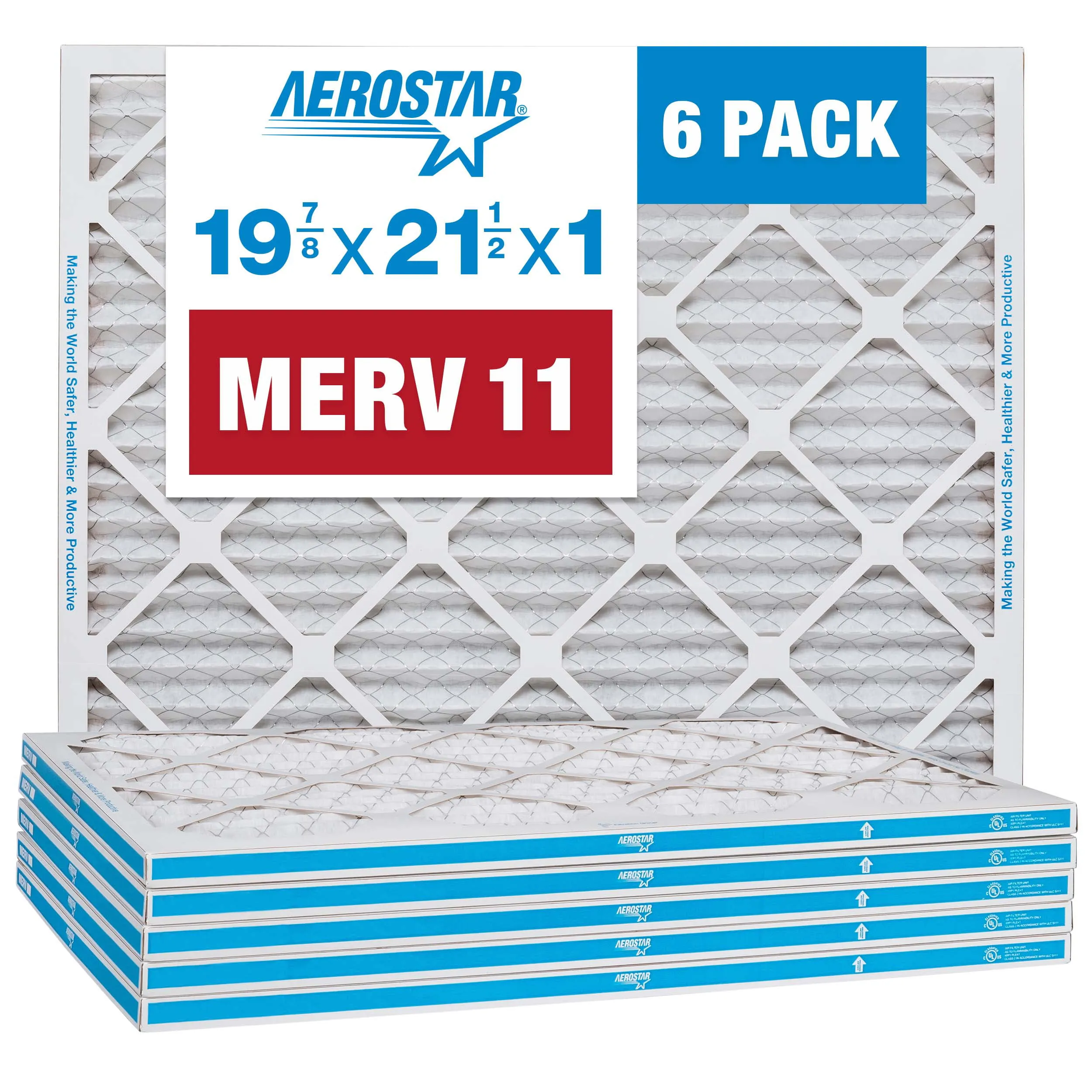 Aerostar 19 7/8 x 21 1/2 x 1 MERV 11 Pleated Air Filter, AC Furnace Air Filter, 6 Pack