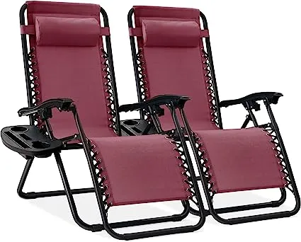 Best Choice Products Set of 2 Adjustable Steel Mesh Zero Gravity Lounge Chair Recliners w/Pillows and Cup Holder Trays - Burgundy