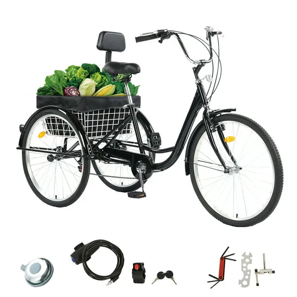 TUOKE Versatile 26-Inch 3-Wheel Adult Tricycle with 7-Speed Transmission and storage Basket for Ultimate Convenience and Utility (BLACK)