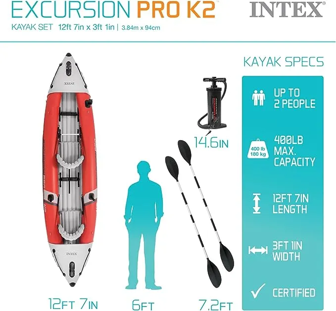 Serie de kayaks inflables INTEX Excursion Pro: incluye remos de kayak de lujo de 86 pulgadas y bomba de alto rendimiento - PVC SuperTough - Asiento de cubo ajustable - Soportes para cañas de pescar - Asas de agarre