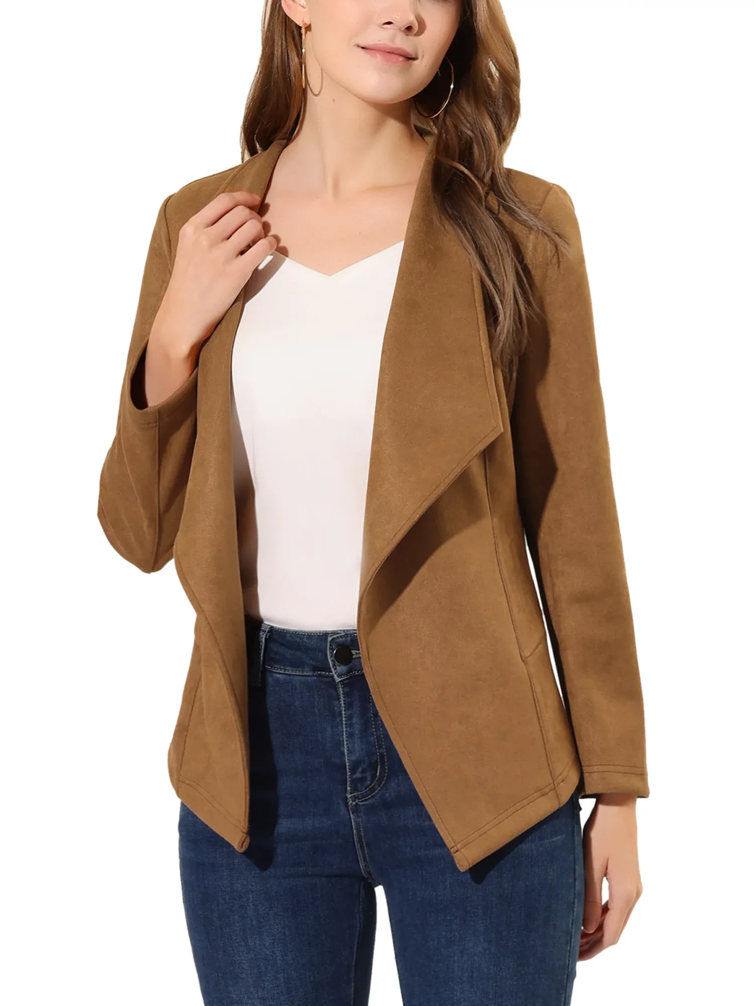 Unique Bargains Women's Faux Suede Jacket Open Front Lapel Draped Cardigan Blazers